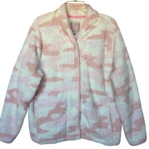 Isaac Mizrahi Pink Camo Sherpa Fleece Jacket Womens 1X Cozy Button Front